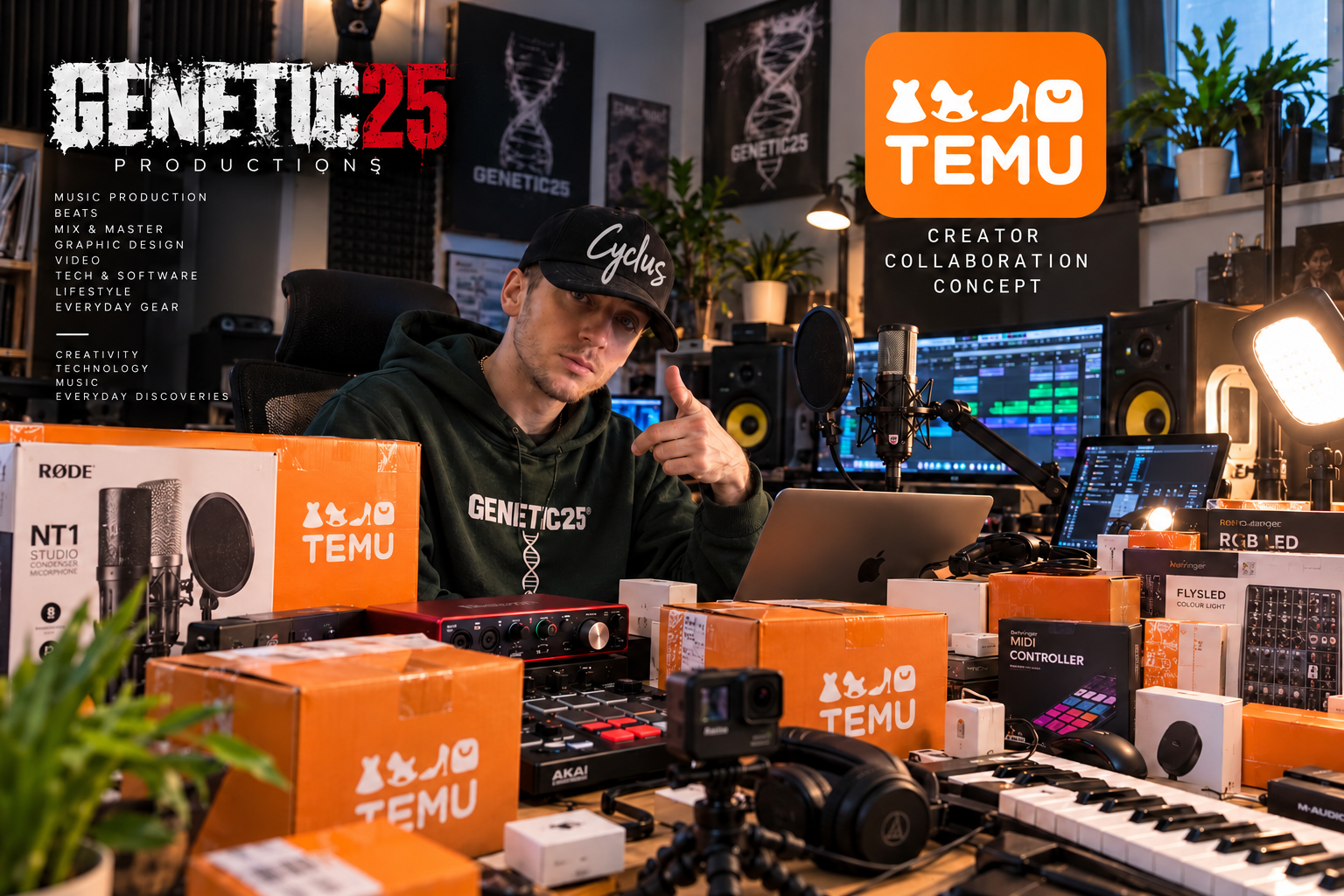 Genetic25 Productions and Temu logos with Cyclus in the studio